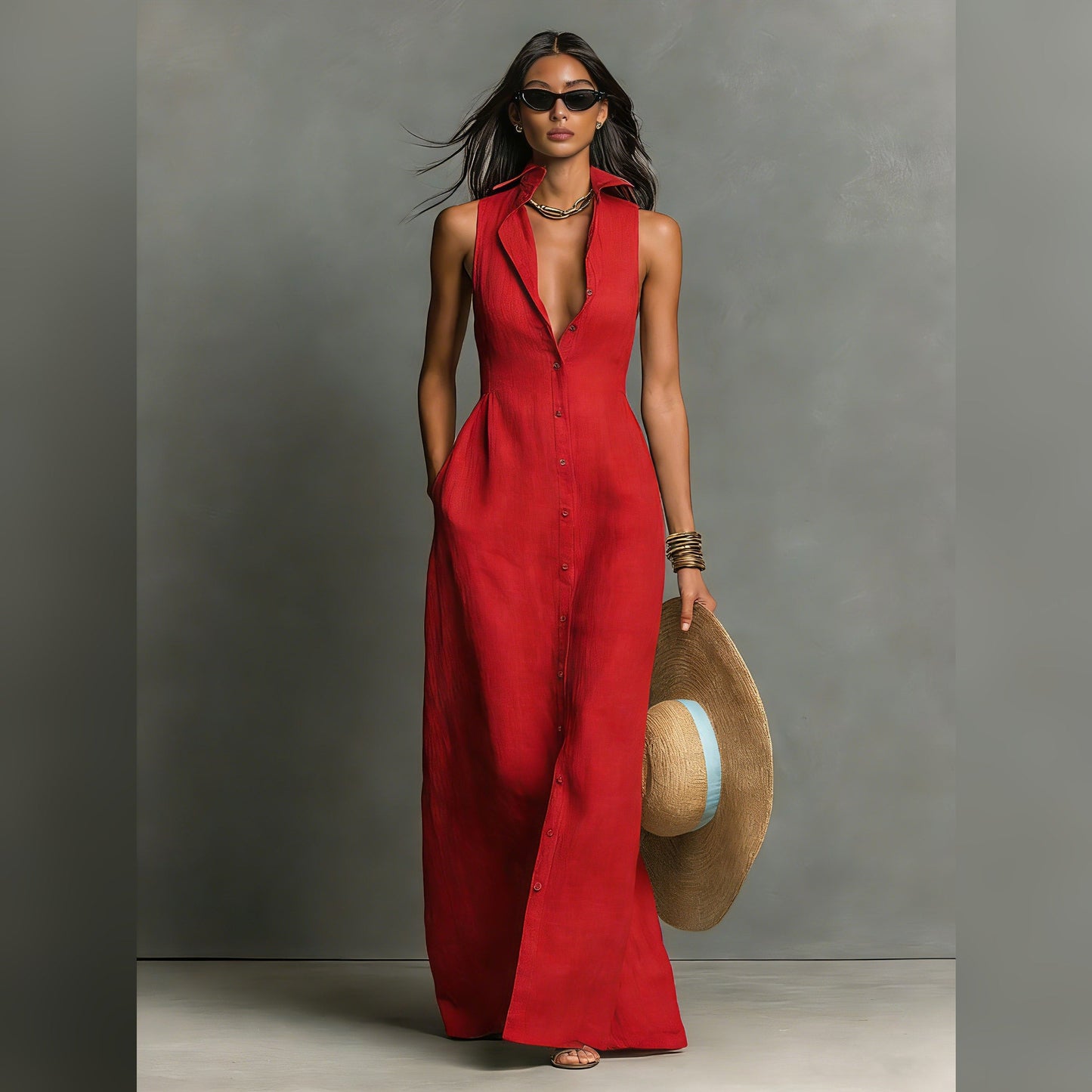 Daniela | Vestido camisero maxi sin mangas