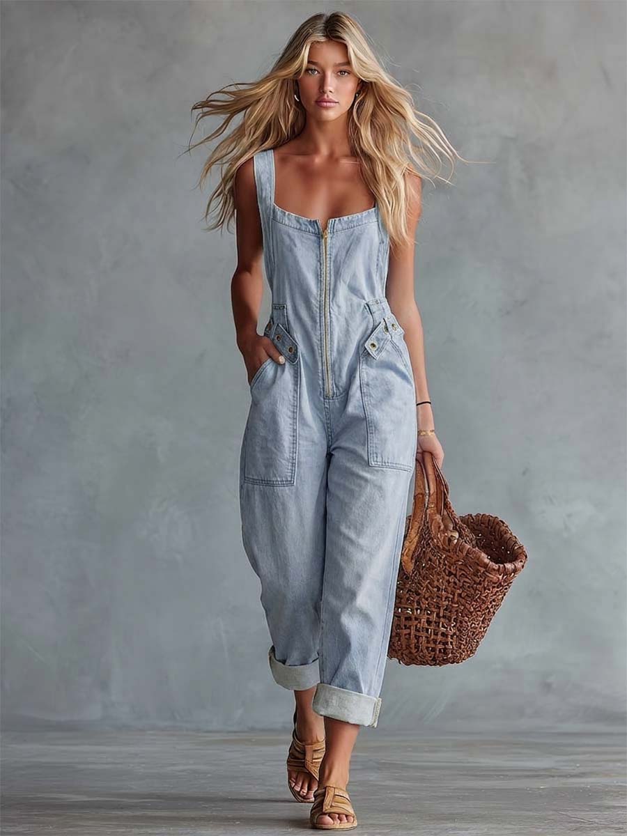 Yolanda | Mono de denim con escote cuadrado, cremallera frontal y cinturón decorativo