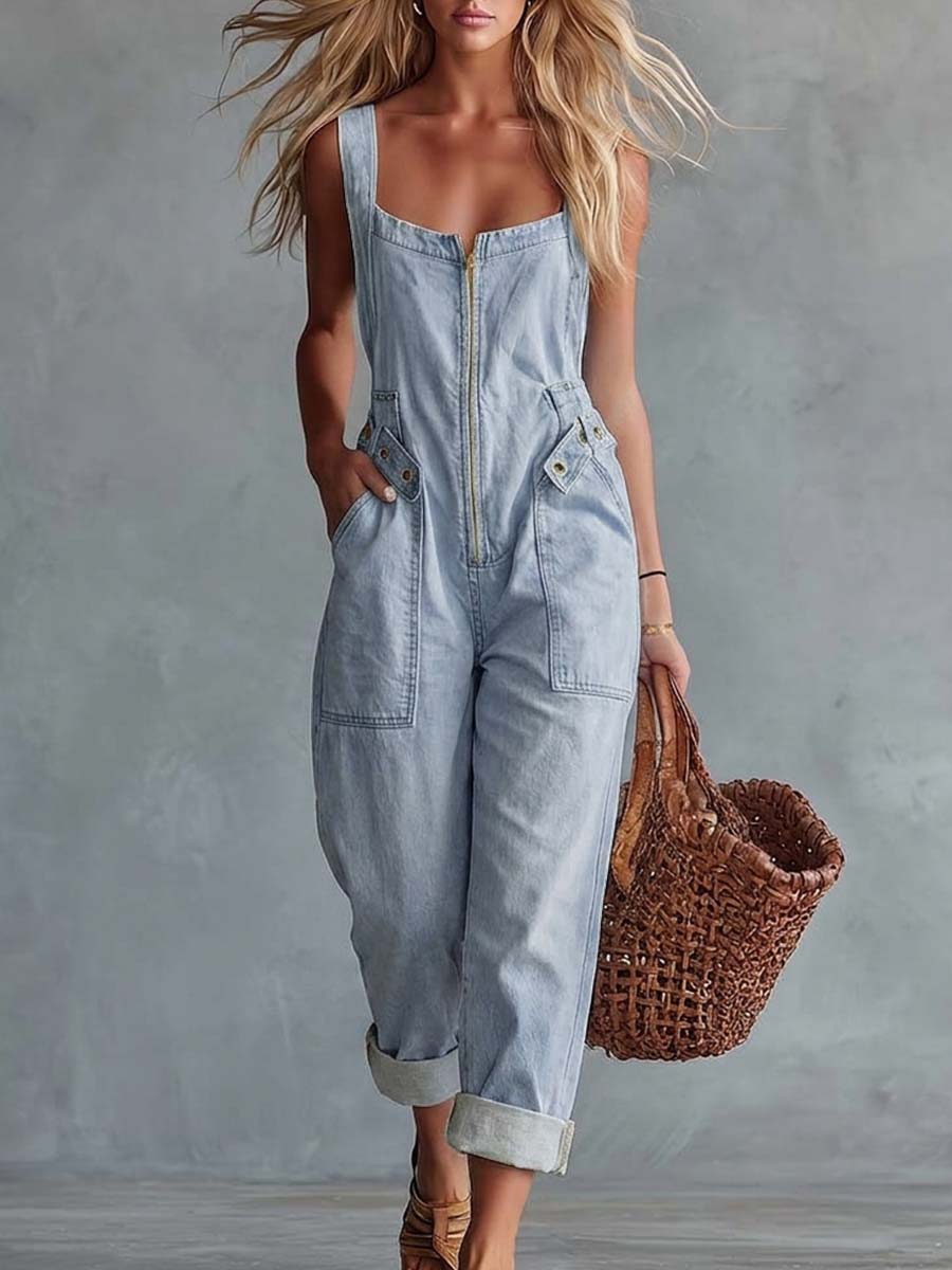 Yolanda | Mono de denim con escote cuadrado, cremallera frontal y cinturón decorativo