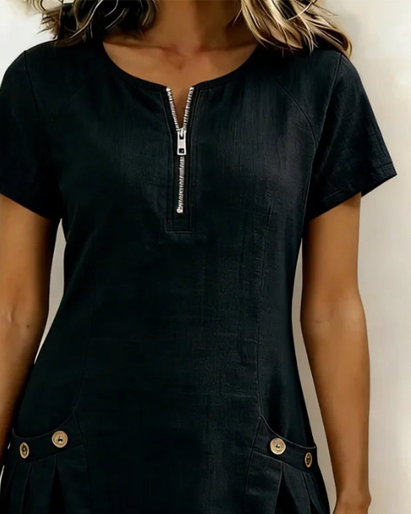 Isabel | Vestido corto con cremallera en el escote y bolsillos