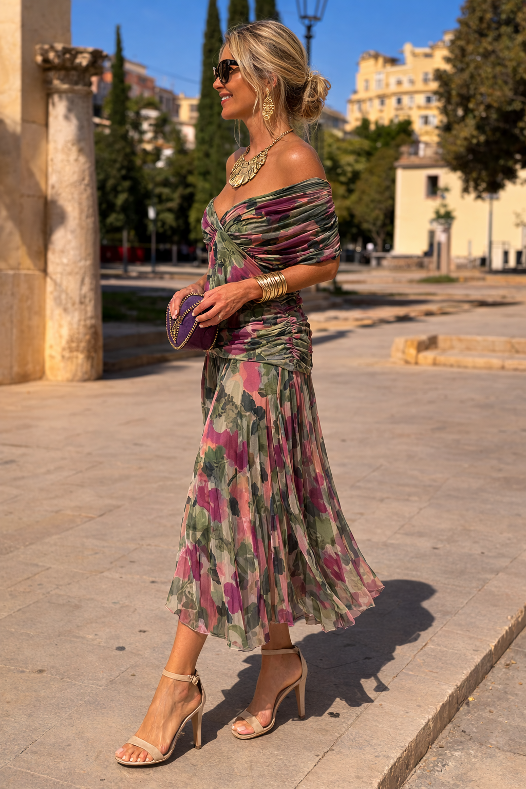 Adriana | Vestido maxi fluido con escote cruzado off-shoulder