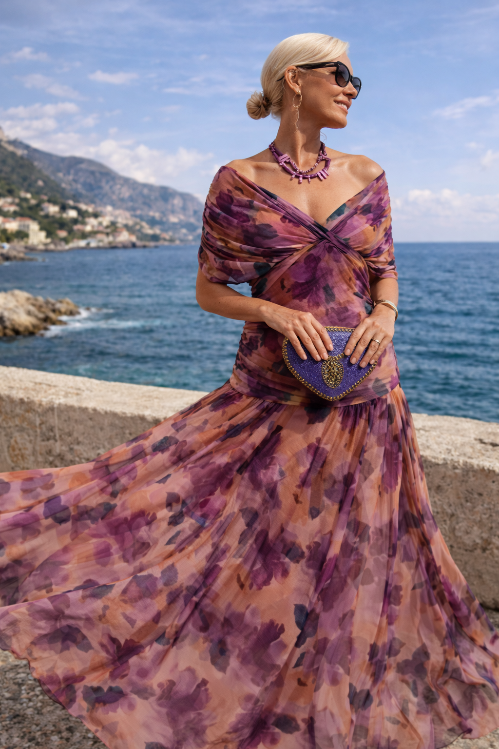 Adriana | Vestido maxi fluido con escote cruzado off-shoulder