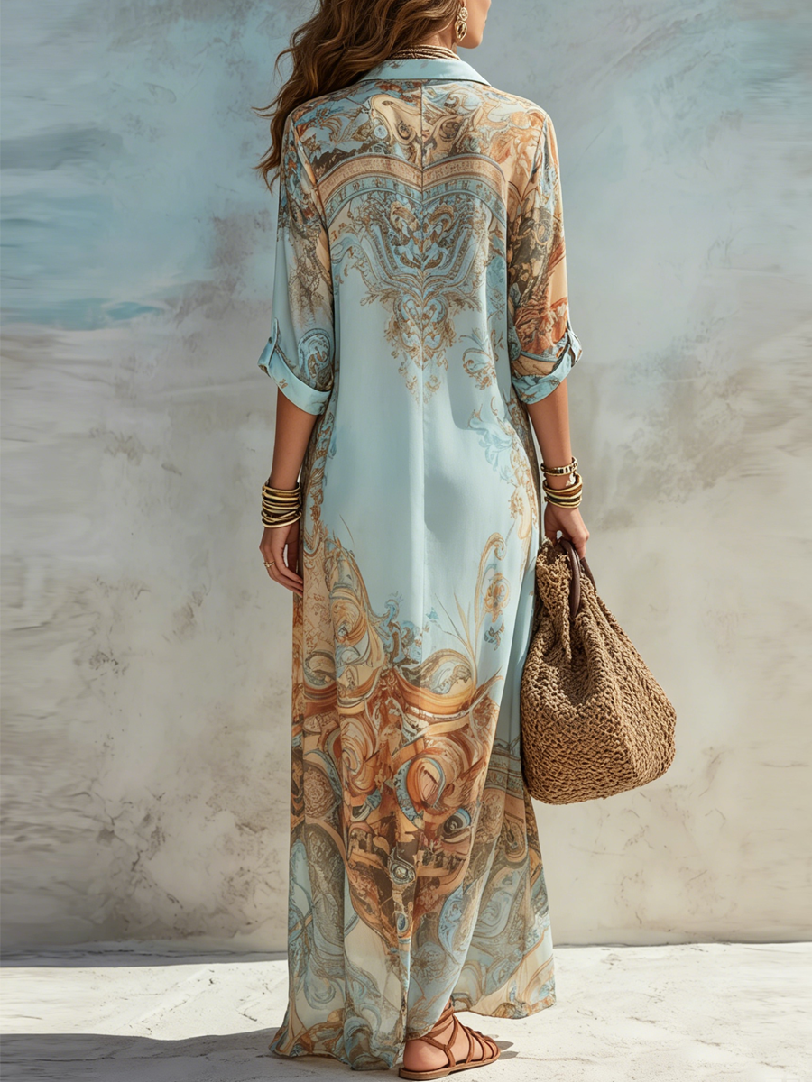 Adela | Vestido camisero maxi y estampado mediterráneo