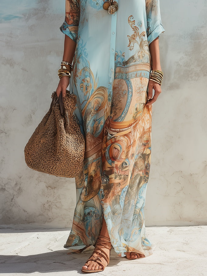 Adela | Vestido camisero maxi y estampado mediterráneo