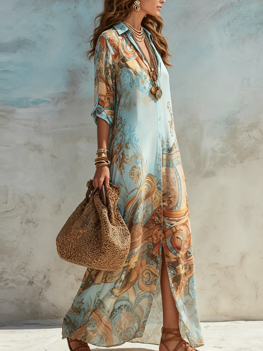 Adela | Vestido camisero maxi y estampado mediterráneo