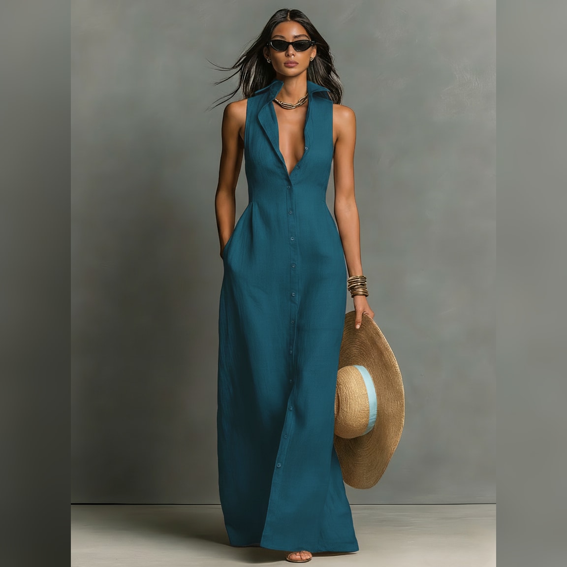 Daniela | Vestido camisero maxi sin mangas