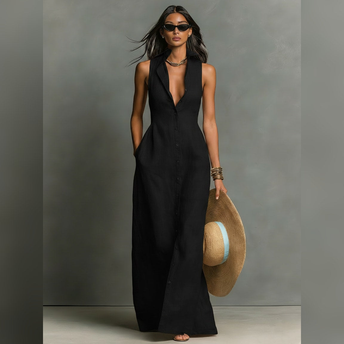 Daniela | Vestido camisero maxi sin mangas